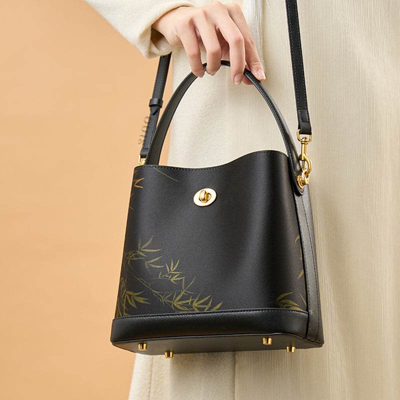Xiangyunsha Silk Bamboo Print Crossbody Bucket Bag - SinoCultural -- YS120757 - 