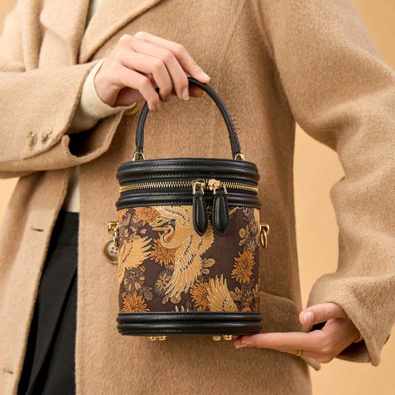 Xiangyunsha Silk Vintage Crane Print Bucket Bag - SinoCultural -- P12065103 - 