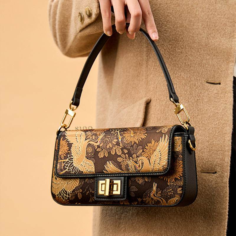 Xiangyunsha Silk Vintage Crane Print Shoulder Bag - SinoCultural -- YS120648 - 