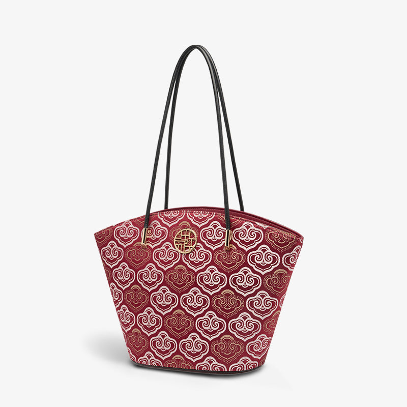 Embroidery Genuine Leather Single Shoulder Tote Bag-Shoulder Bag-SinoCultural-Red-Single Bag-SC1682-A3-SinoCultural