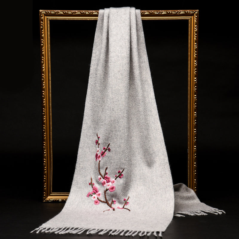 Su Embroidery Winter Plum Blossoms Cashmere Scarf 200*60-Scarf-SinoCultural-Grey-HYFSJ017-1-SinoCultural