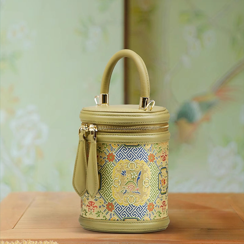 Song Brocade Leather Bucket Cylinder Bag-Bucket Bag-SinoCultural-Green-Single Bag-P120617-SinoCultural