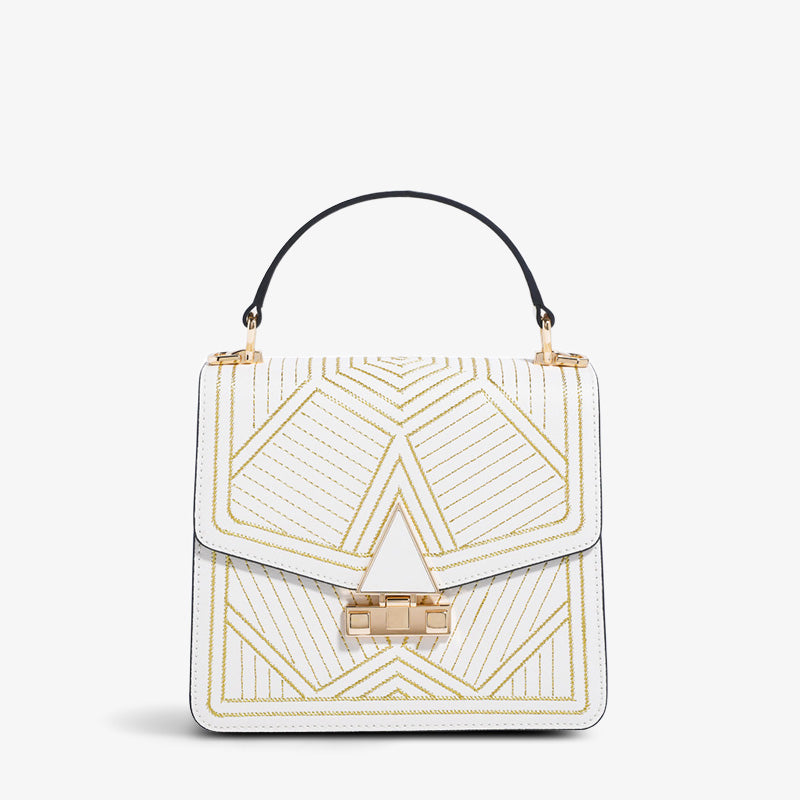 Embroidery Leather Square Bag Urban Chic Elegance Line-Crossbody Bag-SinoCultural-White-Single Bag-CXXB035W-SinoCultural