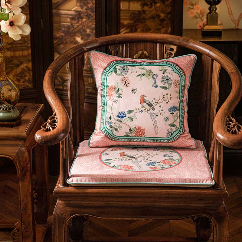 Chinoiserie Spring Powder Pink High-end Wooden Chair Cushion - SinoCultural