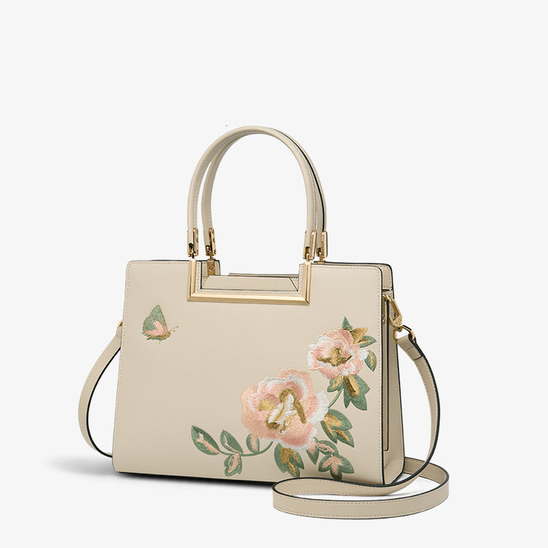 Embroidery Leather Peony Tote Handbag-Tote Bag-SinoCultural-Apricot-Single Bag-SC1603-1-SinoCultural