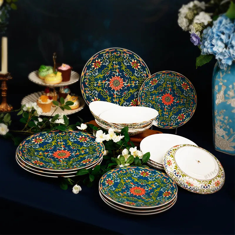 Artfully arranged dinnerware set for formal table setting.