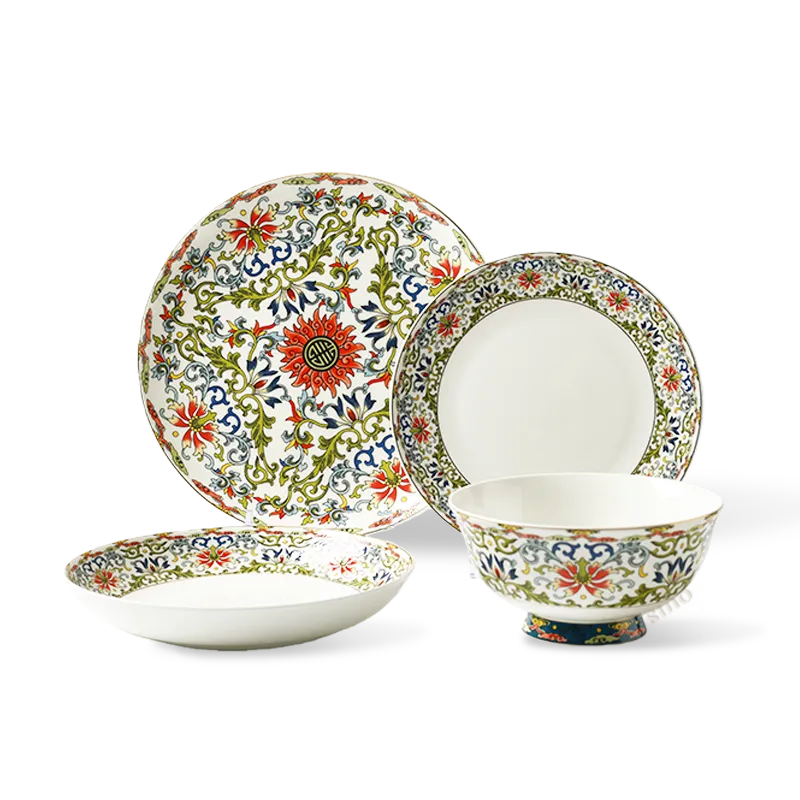 4-piece bone china casual dinnerware set on white background.