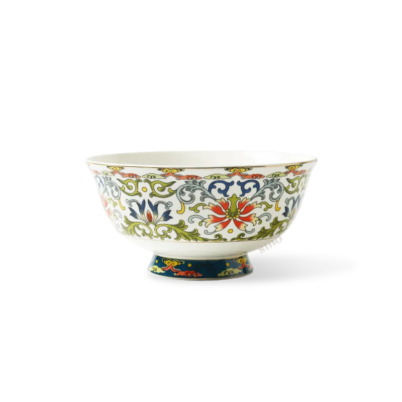 4.7-inch Chinoiserie bone china footed bowl on white background.