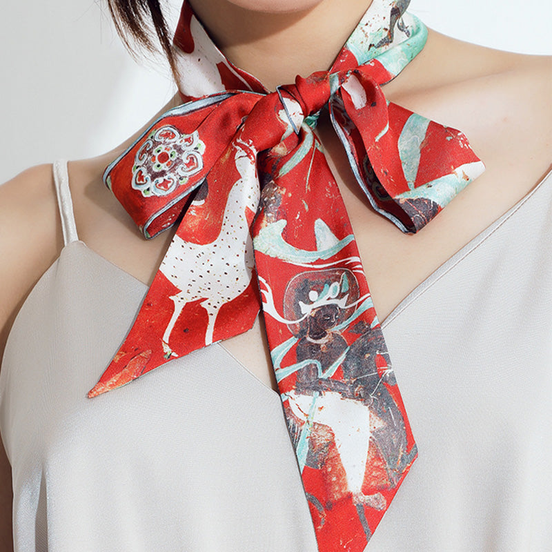 Dunhuang Nine-Colored Deer Silk Narrow Twilly 140*5-Scarf-SinoCultural-Red-LS011-SinoCultural