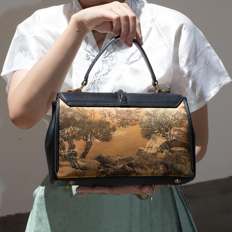 Handmade Fragrant Cloud Silk Black Leather Handbag Chinese Painting