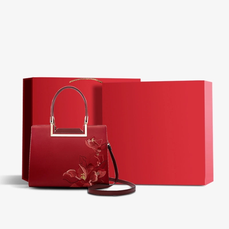 Embroidery Leather Magnolia Women's Handbag-Tote Bag-SinoCultural-Red-Bag with Gift Box-P120346-1-g-SinoCultural