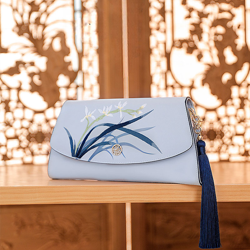 Embroidery Leather Handheld Clutch Bag Blue Orchid-Clutch Bag-SinoCultural-Blue-Single Bag-P520009-SinoCultural