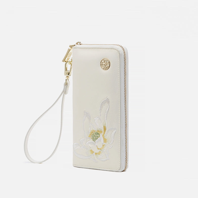 Embroidery Leather Wallet White Lotus-Wallet-SinoCultural-SinoCultural