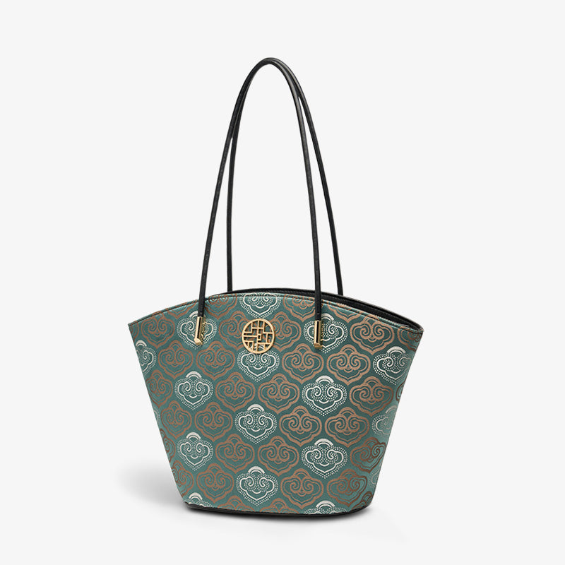 Embroidery Genuine Leather Single Shoulder Tote Bag-Shoulder Bag-SinoCultural-Blue-Single Bag-SC1682-A2-SinoCultural