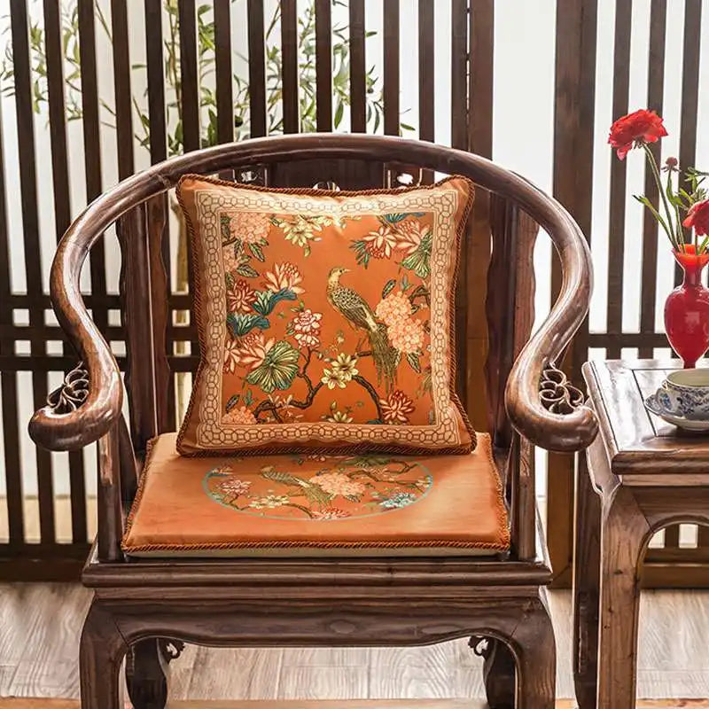 Chinoiserie Mountain Hydrangea Short Plush Wooden Chair Cushion - SinoCultural