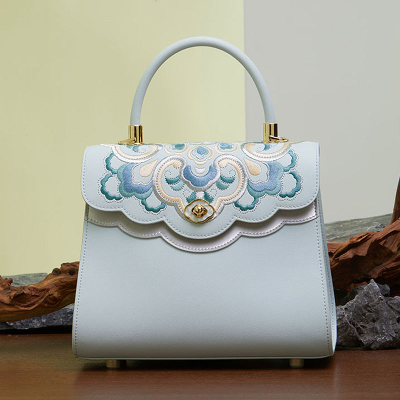 Embroidery Leather Ladies Handbag Treasure Floral-Crossbody Bag-SinoCultural-Blue-Single Bag-P120657-3-SinoCultural