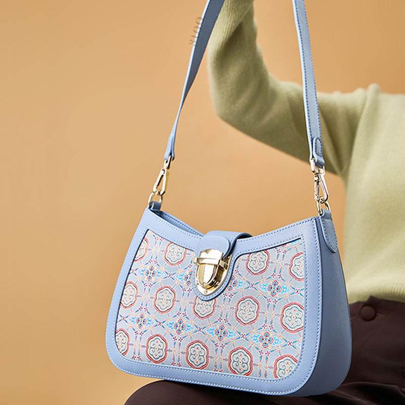 Song Brocade Leather Blue Shoulder Bag Ruyi Pattern - SinoCultural -- FJ270038-1 - 