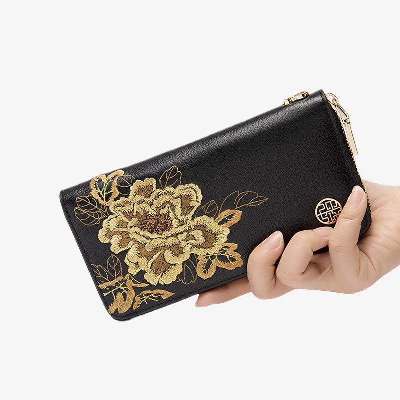 Embroidery Leather Wallet High Luxury Royal Gold Peony-Wallet-SinoCultural-SinoCultural