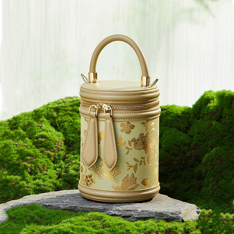 Song Brocade Leather Bucket Cylinder Bag-Bucket Bag-SinoCultural-Green-Single Bag-P11017902BN-SinoCultural