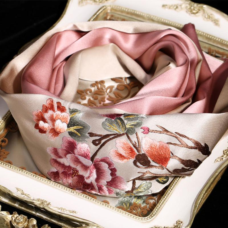 Su Embroidery Mulberry Silk Flora Scarves 170*52-Scarf-SinoCultural-Champagne-HYFSJ006-1-SinoCultural