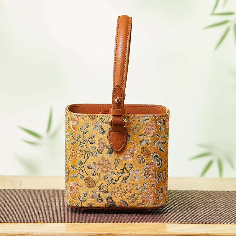 Brocade Jacquard New Chinese Style Cube Bucket Bag-Bucket Bag-SinoCultural-SinoCultural