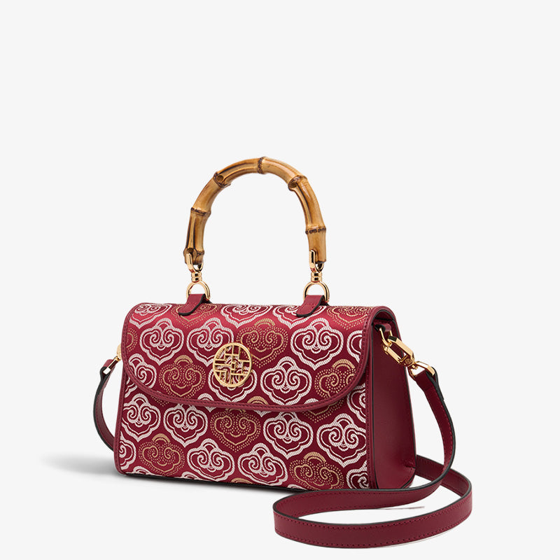 Embroidery Leather Handbag Zhuang Brocade Bamboo Handle-Handbag-SinoCultural-Red-Single Bag-SC1686-G2-SinoCultural