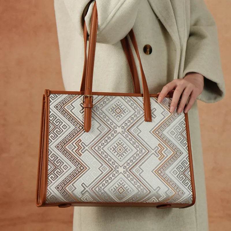 Zhuang Brocade Handicraft Large-Capacity Commuter Tote Bag - SinoCultural