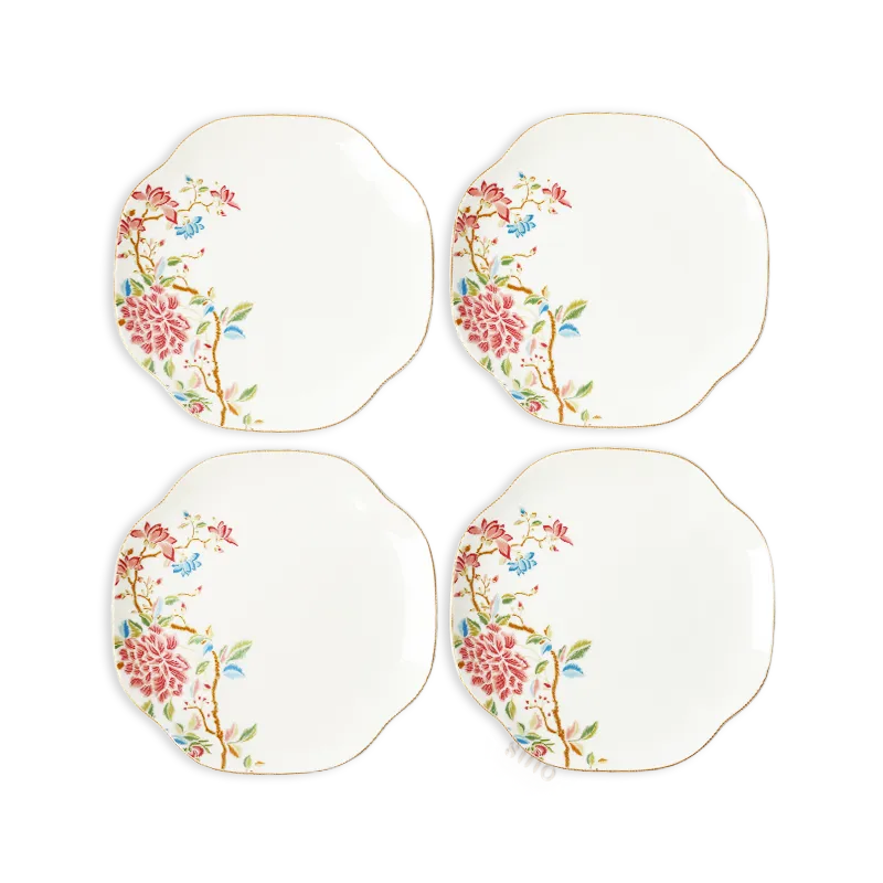Set of 4 floral chinoiserie bone china square dinner plates on white background.