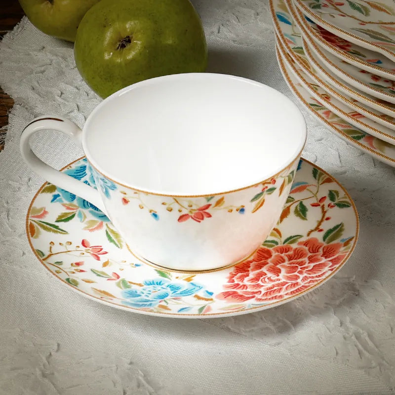 Front view of tea cup on saucer highlighting rim details.
