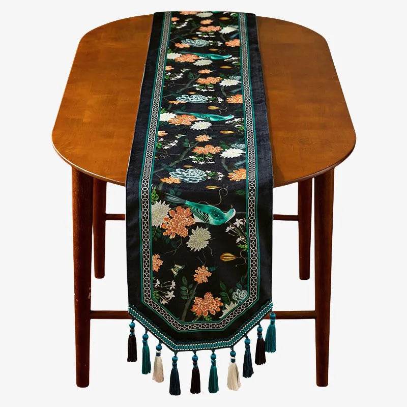 Chinoiserie Luxury Long Rectangular Black Floral Table Runner - SinoCultural -- TR026A160 - 