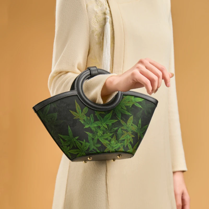 Xiangyunsha Silk Black Maple Leaves Basket Bag - SinoCultural