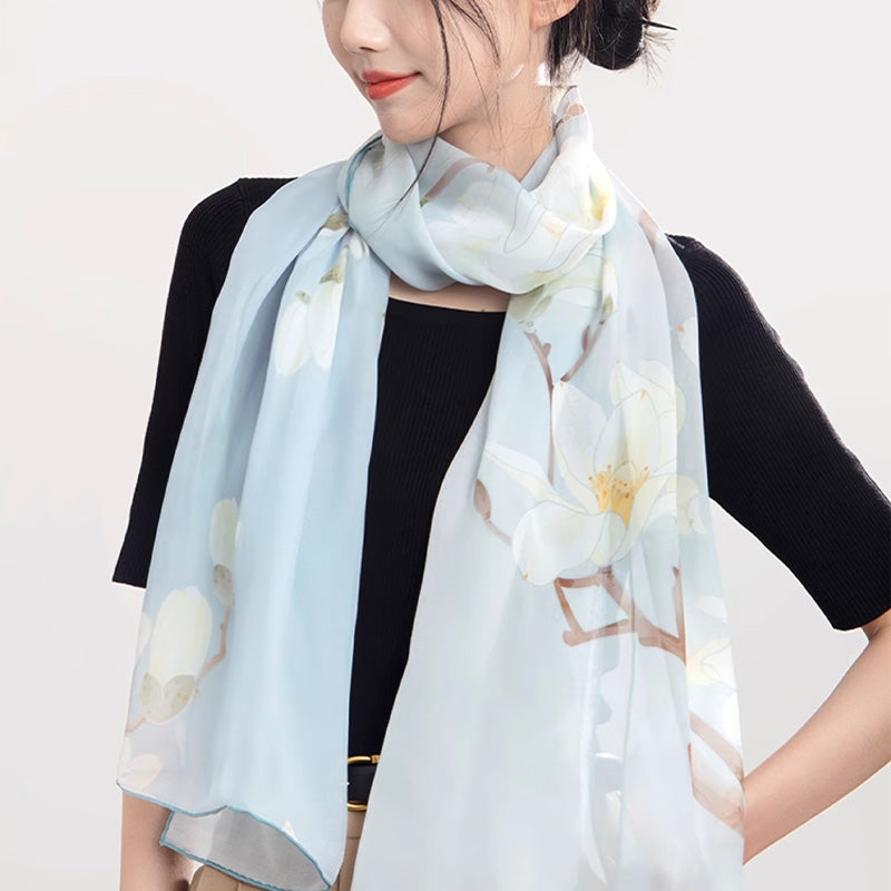 Palace Museum Flourishing Blossoms Mulberry Silk Shawl 186*52-Scarf-SinoCultural-Blue-SS013LB-SinoCultural