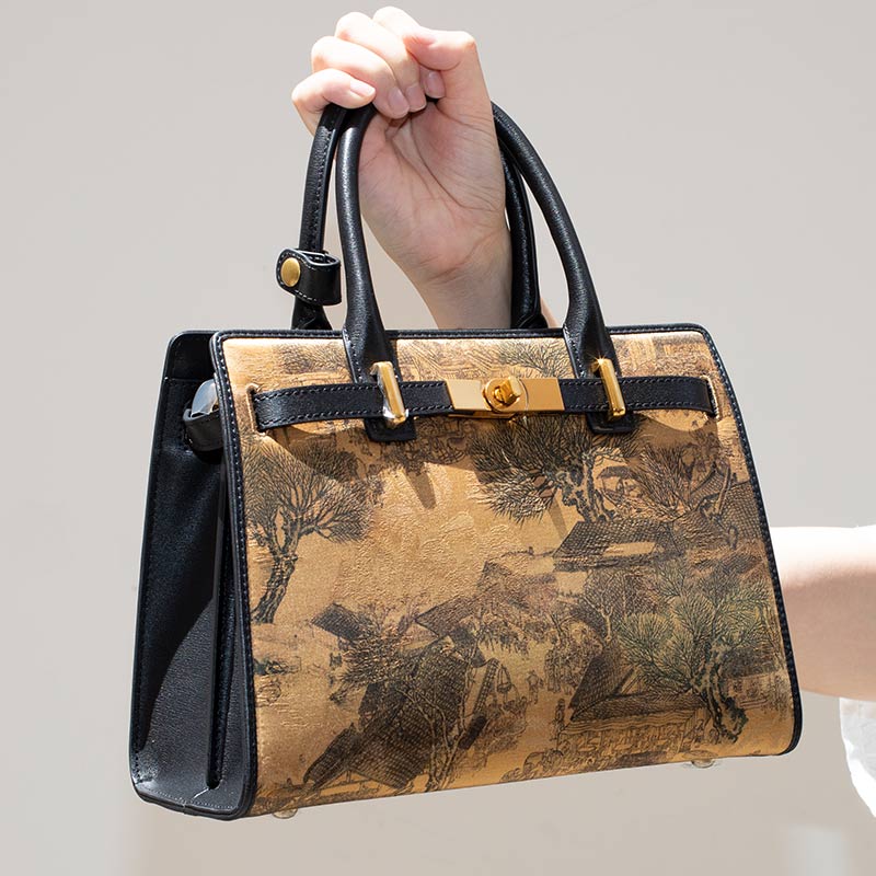 Handmade Fragrant Cloud Silk Black Leather Kelly Bag Chinese Painting