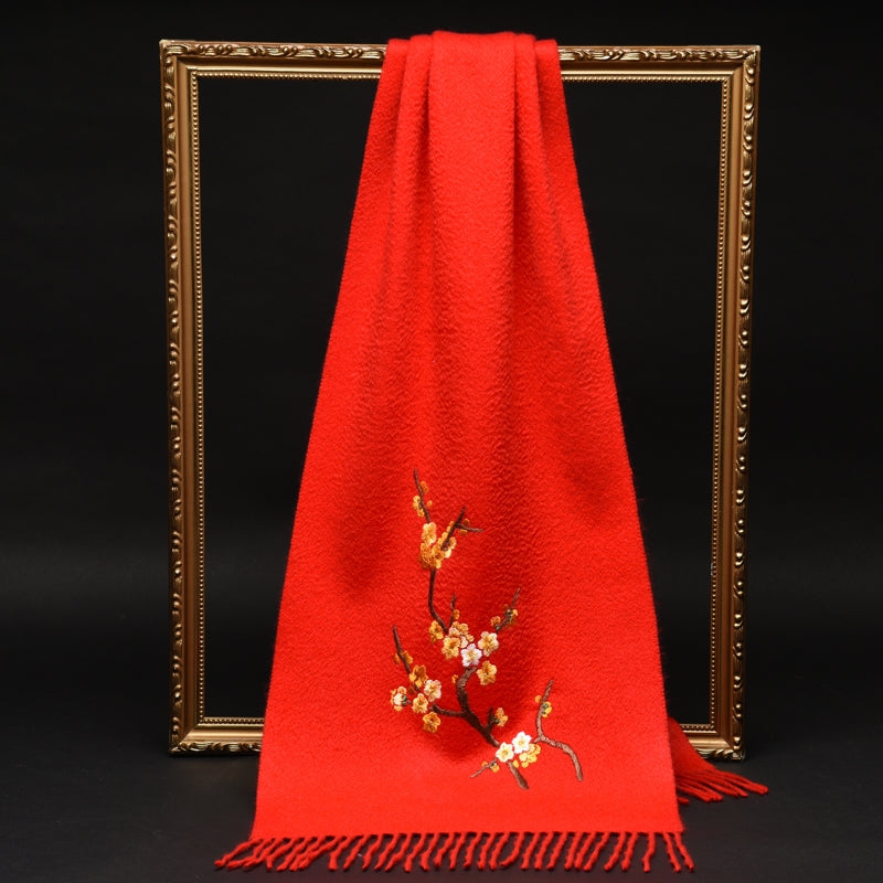 Su Embroidery Winter Plum Blossoms Cashmere Scarf 200*60-Scarf-SinoCultural-Red-HYFSJ017-4-SinoCultural