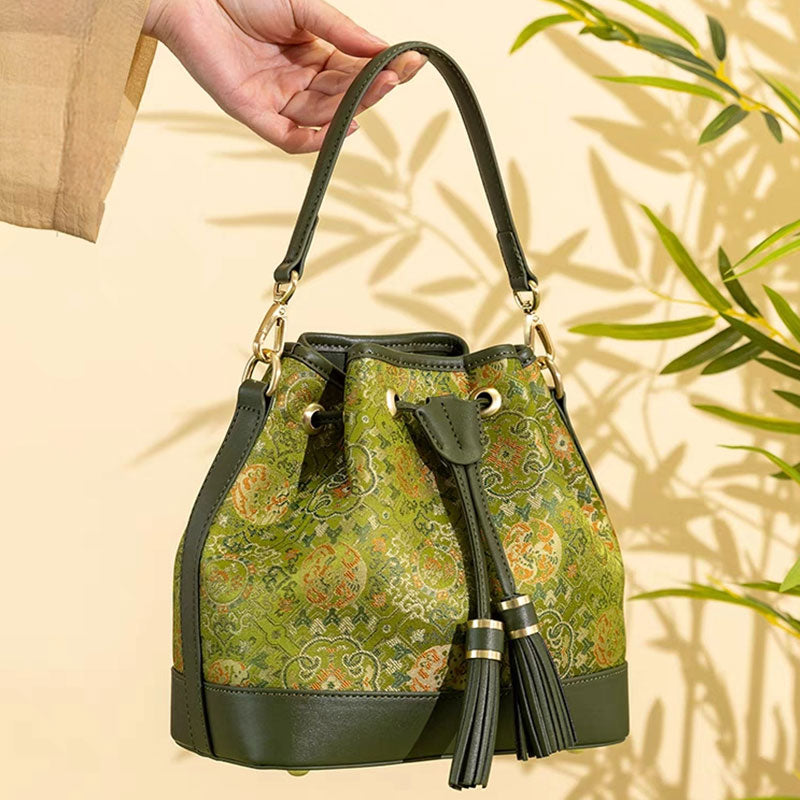 Song Brocade Mulberry Silk Green Bucket Bag-Bucket Bag-SinoCultural-Green-Single Bag-YJXB016-SinoCultural