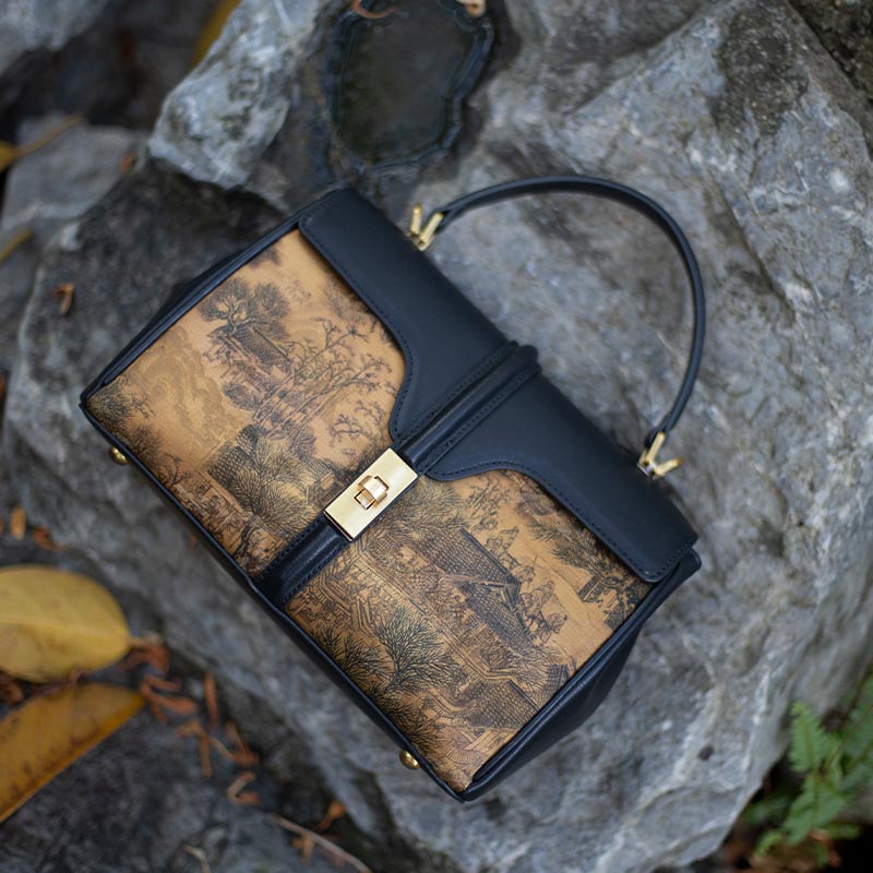 Handmade Fragrant Cloud Silk Black Leather Handbag Chinese Painting