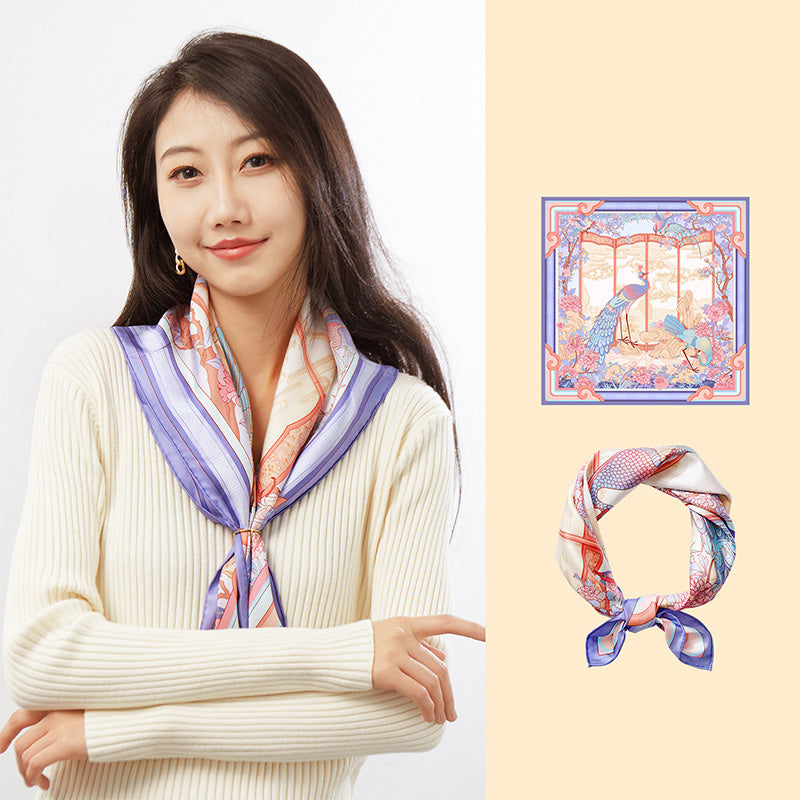 Palace Museum Peacock Blossoms Silk Square Scarf 63.5-Scarf-SinoCultural-Purple-SS011PP-SinoCultural
