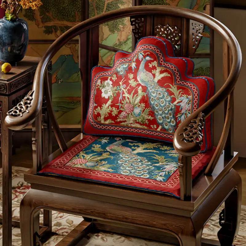 Chinoiserie Festive Red Peacock Luxe Lumbar Pillow - SinoCultural
