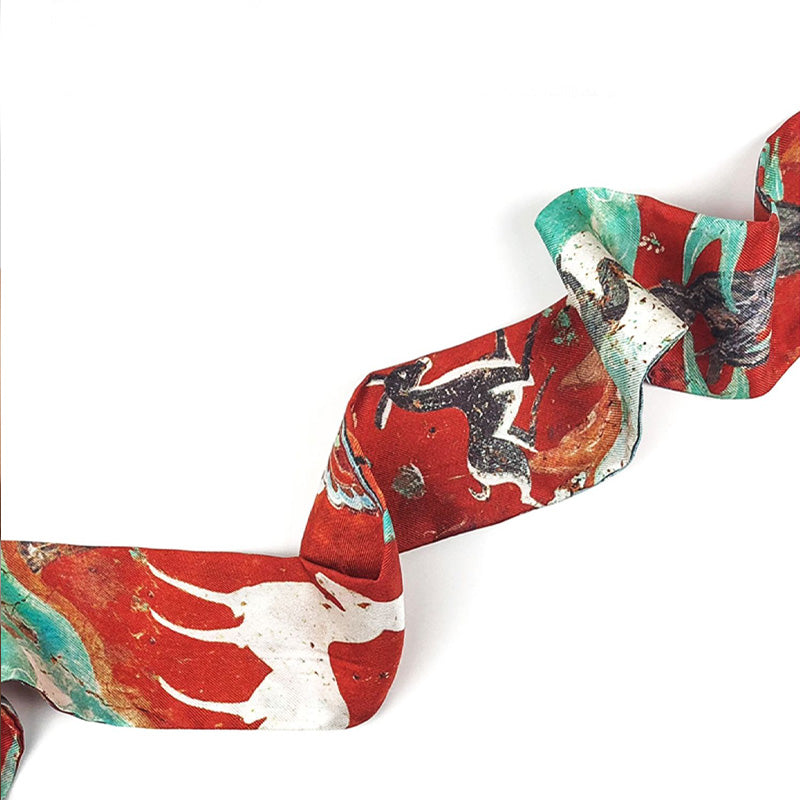 Dunhuang Nine-Colored Deer Silk Narrow Twilly 140*5-Scarf-SinoCultural-Red-LS011-SinoCultural