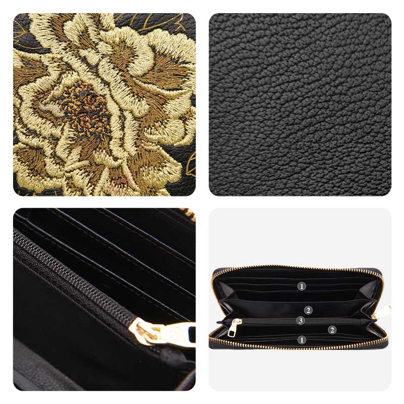 Embroidery Leather Wallet High Luxury Royal Gold Peony-Wallet-SinoCultural-SinoCultural