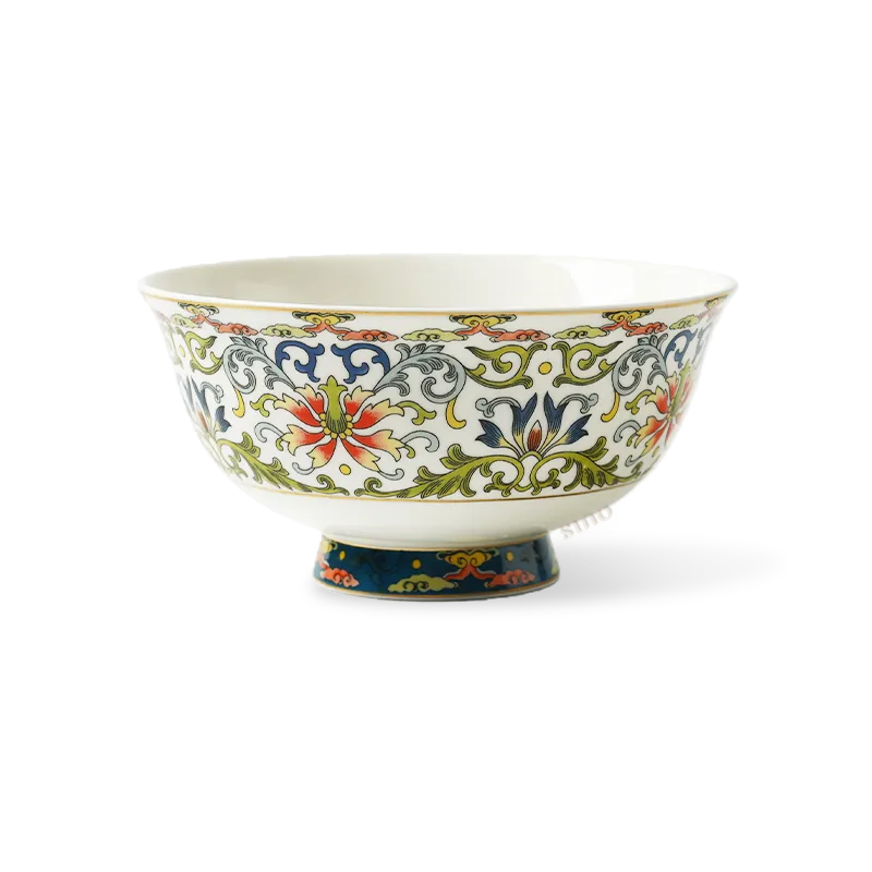 6-inch Chinoiserie bone china footed bowl on white background.