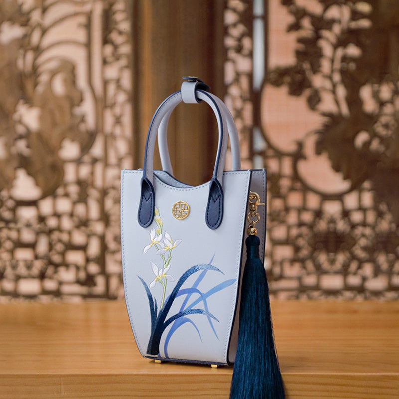 Embroidery Orchid Leather Phone Bag-SinoCultural