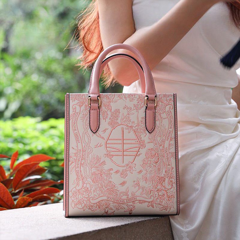 Embroidery Leather Tote Bag Dream Forest-Tote Bag-SinoCultural-Pink-Single Bag-CXXB044PK-SinoCultural