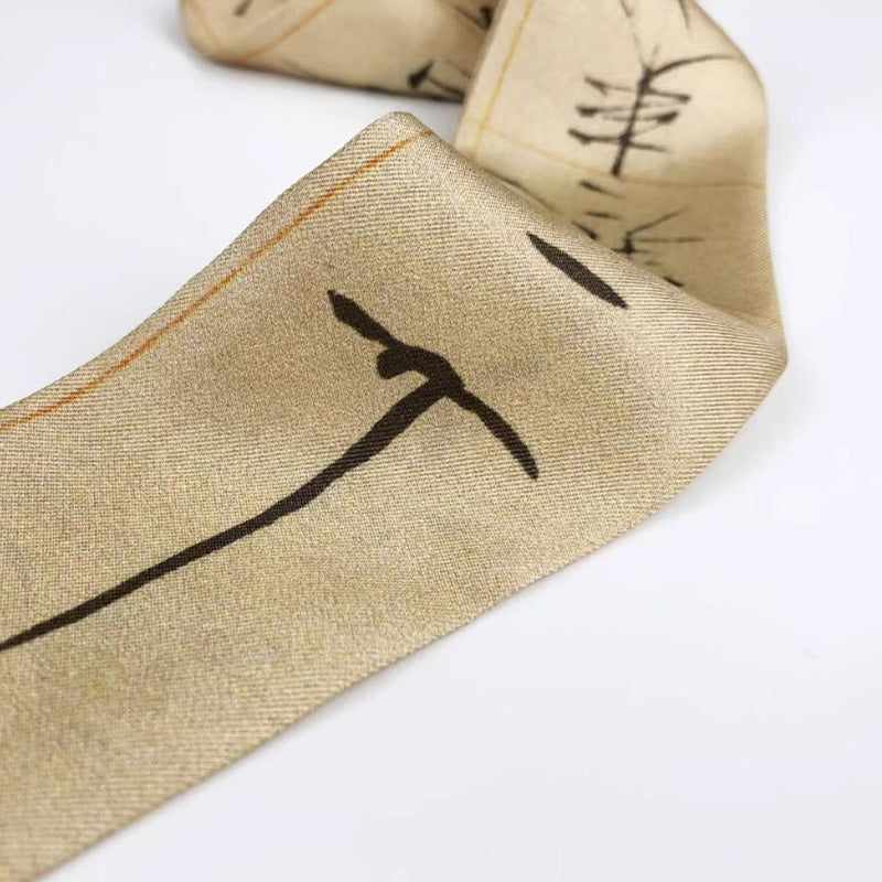 Chinese Character Pattern Mulberry Silk Narrow Scarf 140*5-Khaki-LS009-SinoCultural