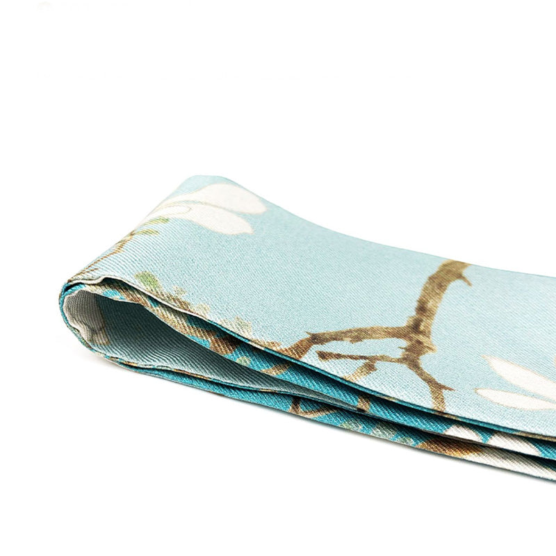 White Magnolia Mulberry Silk Narrow Twilly 120*5-Scarf-SinoCultural-Blue-LS012-SinoCultural
