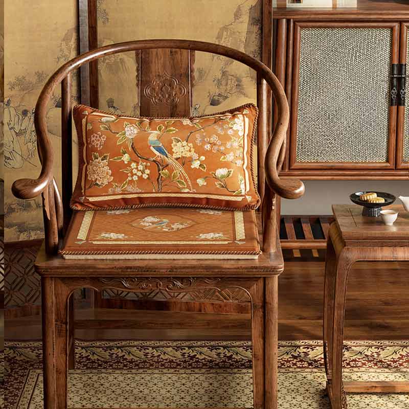 Chinoiserie Orange Chirp High-end Wooden Chair Cushion