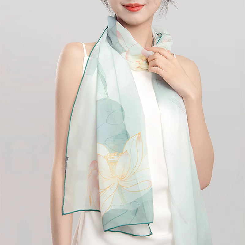 Palace Museum Flourishing Blossoms Mulberry Silk Shawl 186*52-Scarf-SinoCultural-Green-SS013LG-SinoCultural