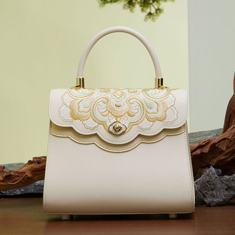 Embroidery Leather Ladies Handbag Treasure Floral-Crossbody Bag-SinoCultural-Yellow-Single Bag-P120657-2-SinoCultural