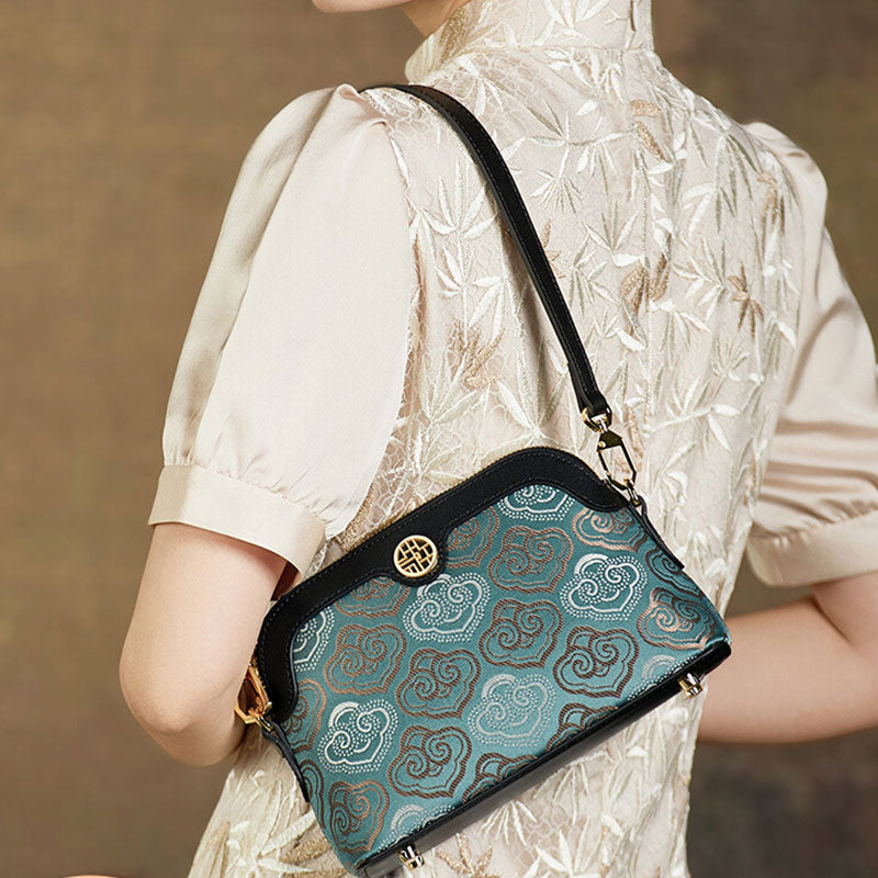 Embroidery Leather Shoulder Shell Bag Auspicious Clouds-Shoulder Bag-SinoCultural-SinoCultural