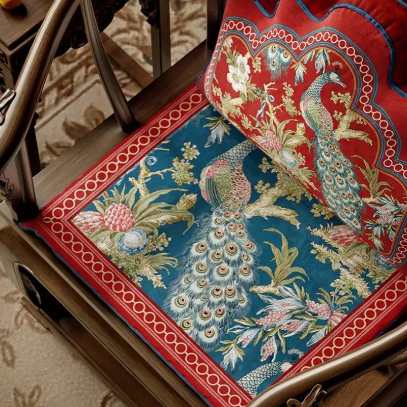 Chinoiserie Festive Red Peacock Luxe Lumbar Pillow - SinoCultural